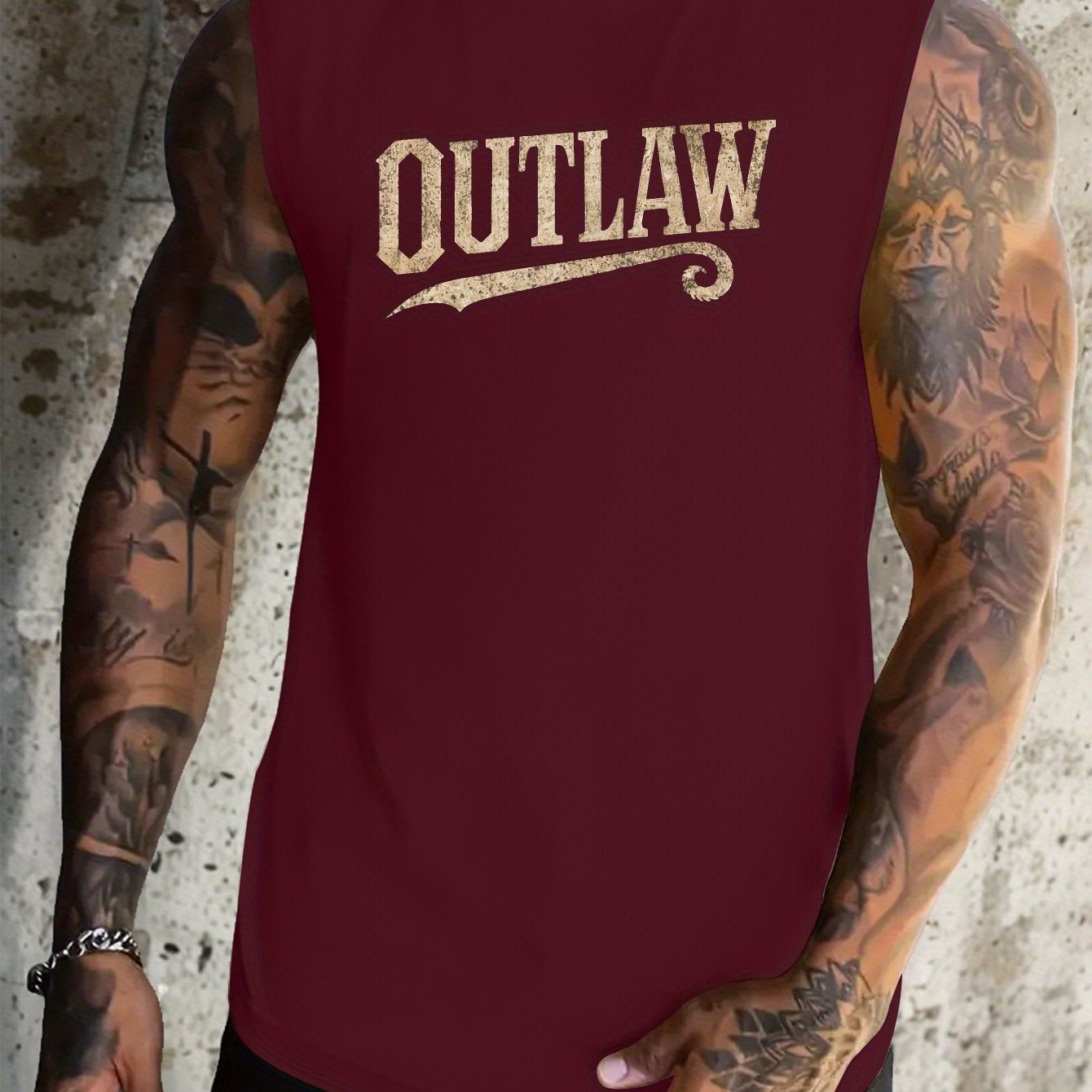 TEMU Vintage-style 'outlaw' Printed Men's Tank Top, Sleeveless Shirt, Suitable For Plus-size And Tall Men, Summer Sportswear, Loose Fit, Plus Size