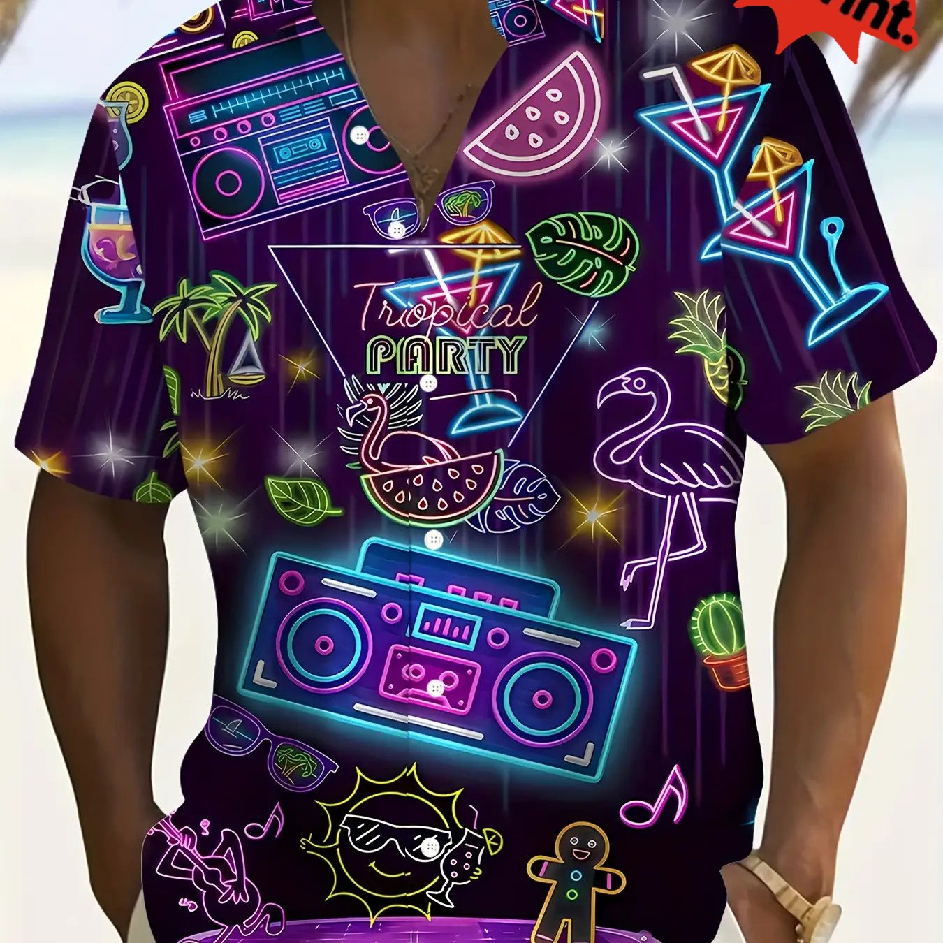 TEMU Camiseta de Manga Corta Retro Neón para Hombre Estilo 80S 90S - Tema Hawaiano y Disco, con Estampado de Boombox y Cinta de Cassette, [Diseño de
