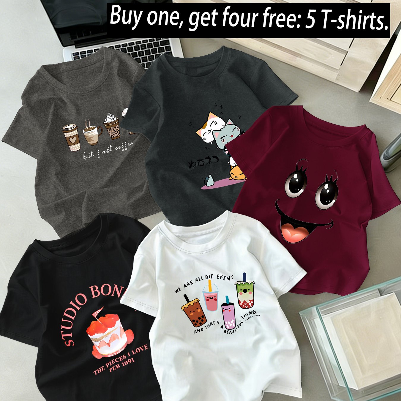 TEMU 5 Stylish T-shirts, Attractive, A Must-have Fashionable Short-sleeve T-shirt For, Featuring Versatile Designs With Prints