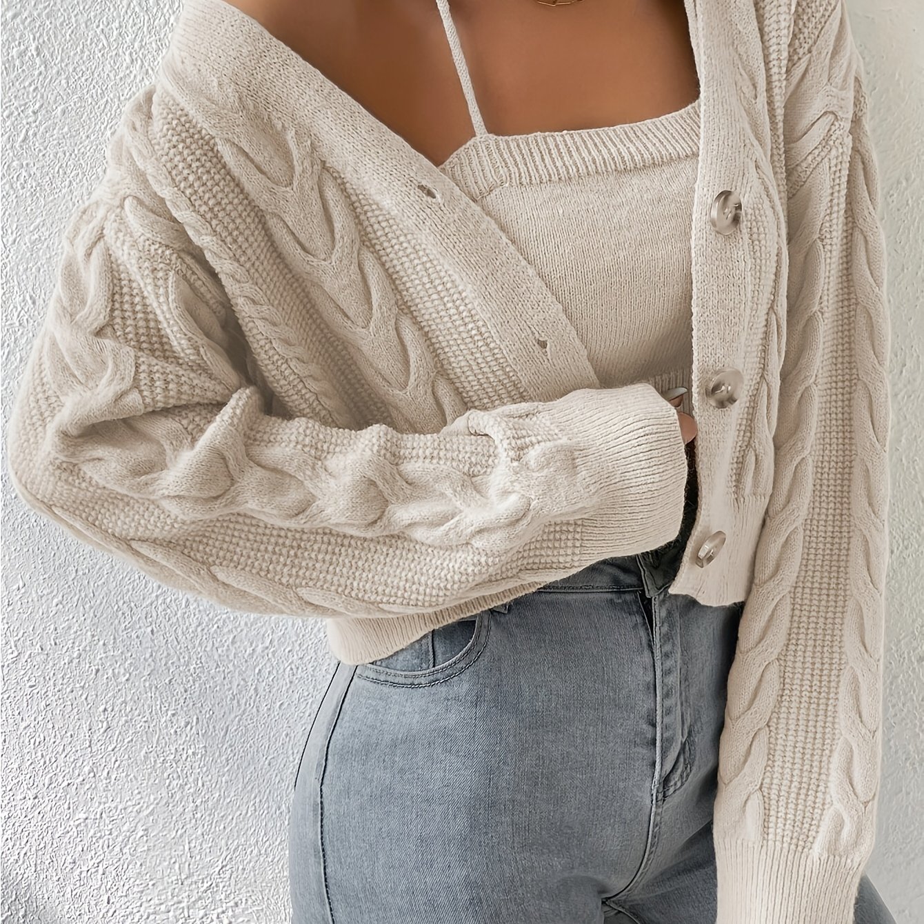 Image of Drop Shoulder Button Front Cardigan, Elegant Cable Knit V Neck Long Sleeve Cardigan For Fall & Winter, Women's Clothing