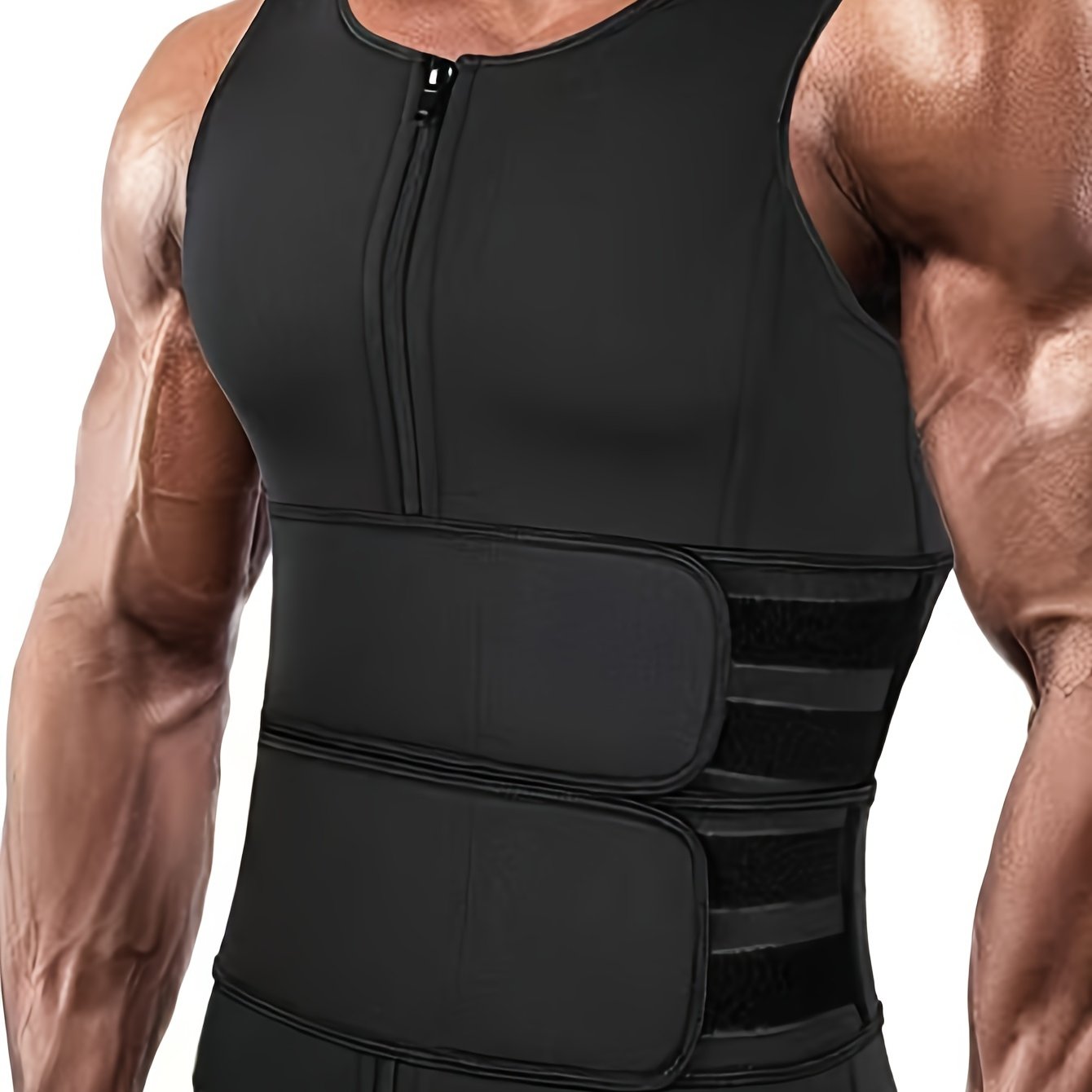 TEMU Men's Slimming Body Shaper Vest With Dual Belt - Zip-up, Tummy Control For Fitness & Running, Breathable Neoprene Blend