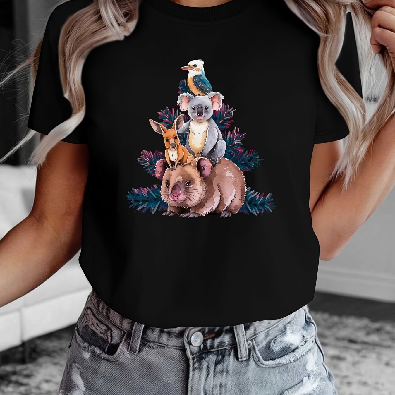 TEMU Plus Size - Wombat Koala Australian Animals Christmas Tree Women's Pure Comfortable T-shirt - Comfortable Casual Attire For Men & Teens, Plus