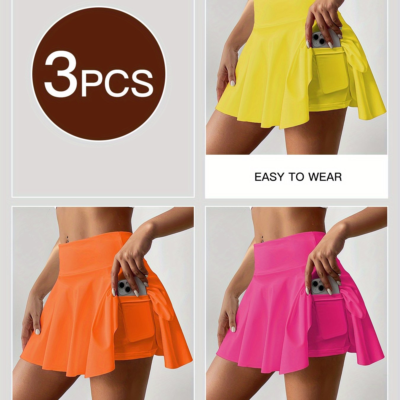 TEMU Set Of 3 Women's -line Tennis Skirts With Shorts & Pockets - Solid Color Athletic Skorts Suitable For Golf, Short , Machine Washable, Spring