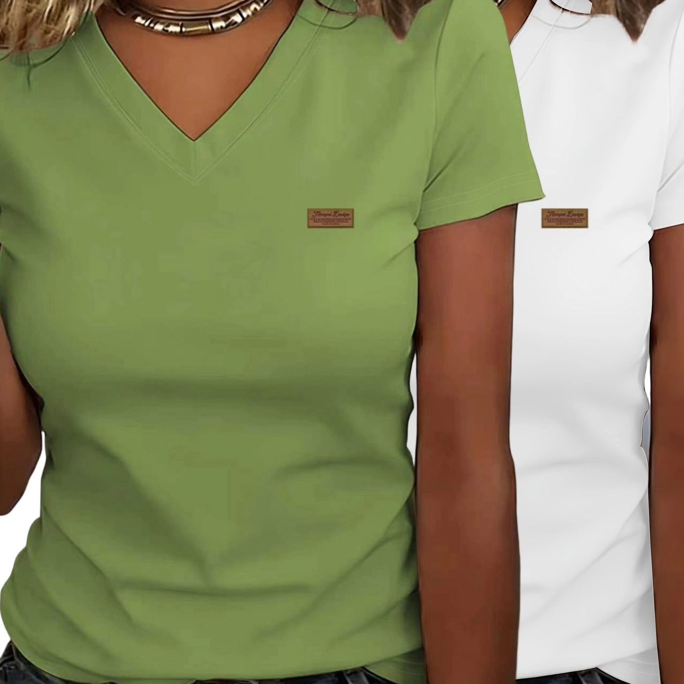 TEMU 2pcs Women's Relaxed Style V-neck Short-sleeve T-shirt, Printed Design â Not Textured, Soft And Slightly Stretchy Loungewear, Simple And