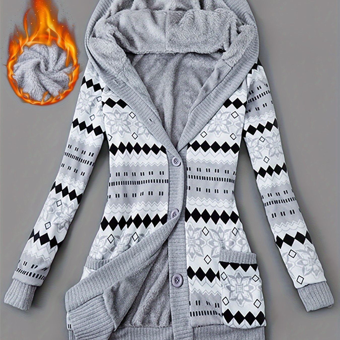 TEMU Autumn Winter New Elegant Mid-length Fleece-lined Hooded Sweater Cardigan Coat Casual Warm Printed Women's Cardigan