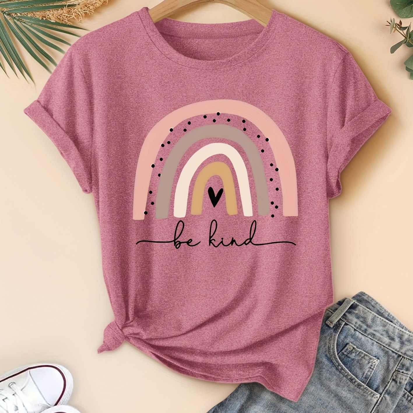 TEMU Single-pack Women's "be Kind" Vibrant Style Short-sleeve T-shirt With Colorful Heart Print, Medium-stretch Breathable Summer Crew Neck Casual