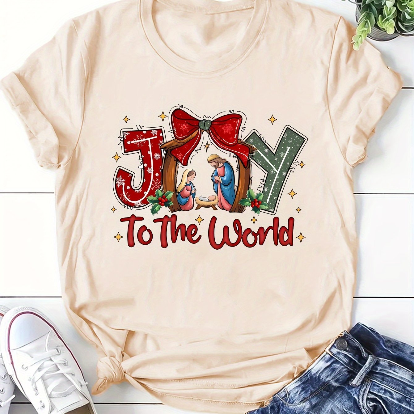 TEMU Christian Christmas, Merry World, Coquetty Jesus Christmas Bible Verse, Nativity Print T-shirt, Casual Short-sleeved Crewneck Top , Women's Wear