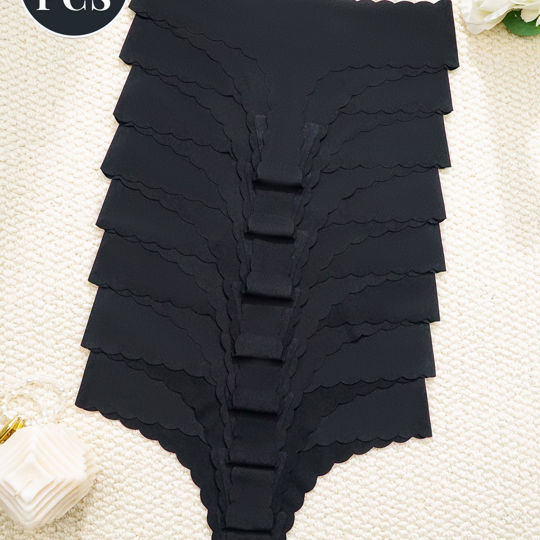 Set Of 8 Seamless Thongs With Scalloped Edges, Comfortable And Stretchy Intimate Wear For Women, Including Lingerie And Underwear