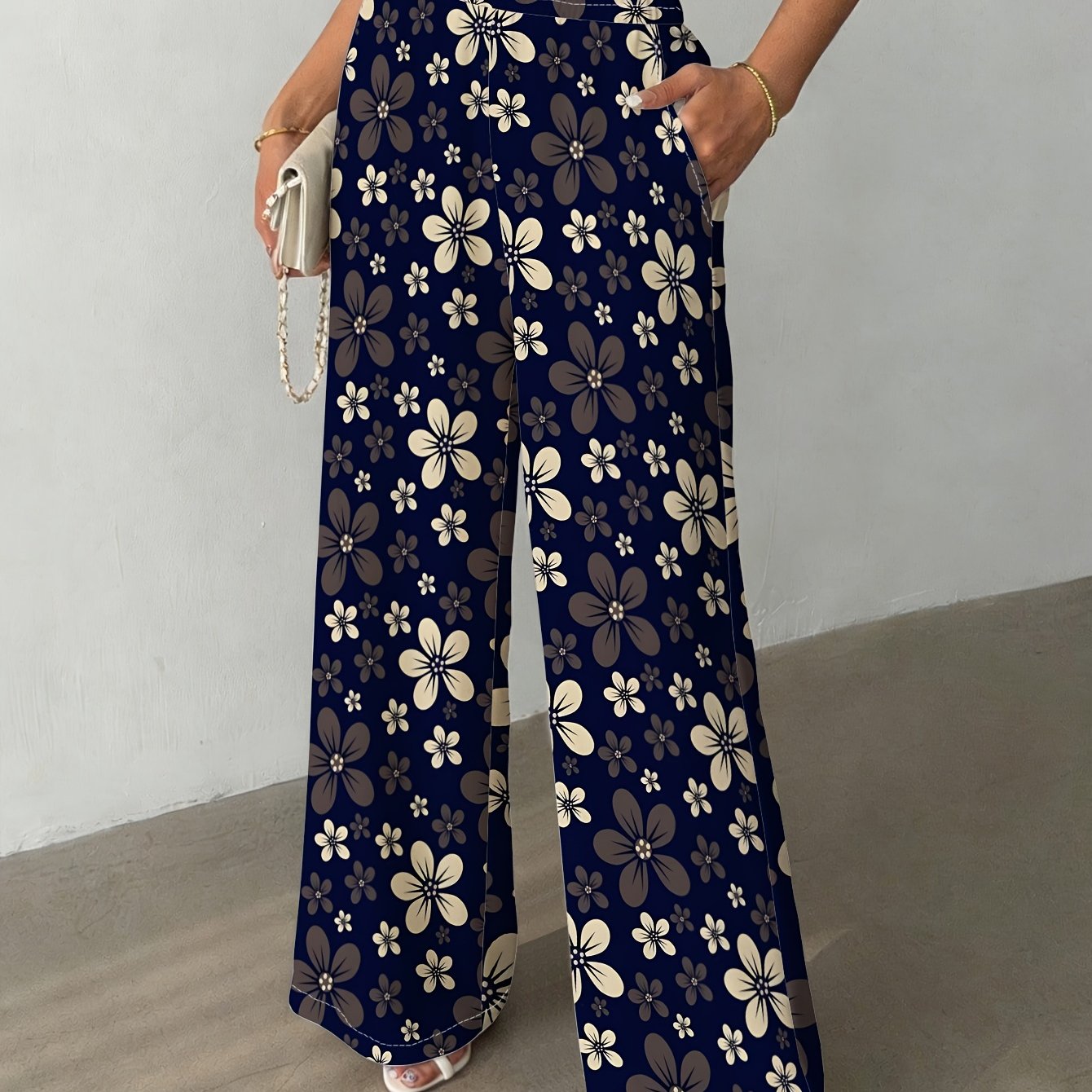 TEMU Women's Classic Floral Straight Leg Pants, Perfect For Casual , Daily Wear, Standard Fit Design.