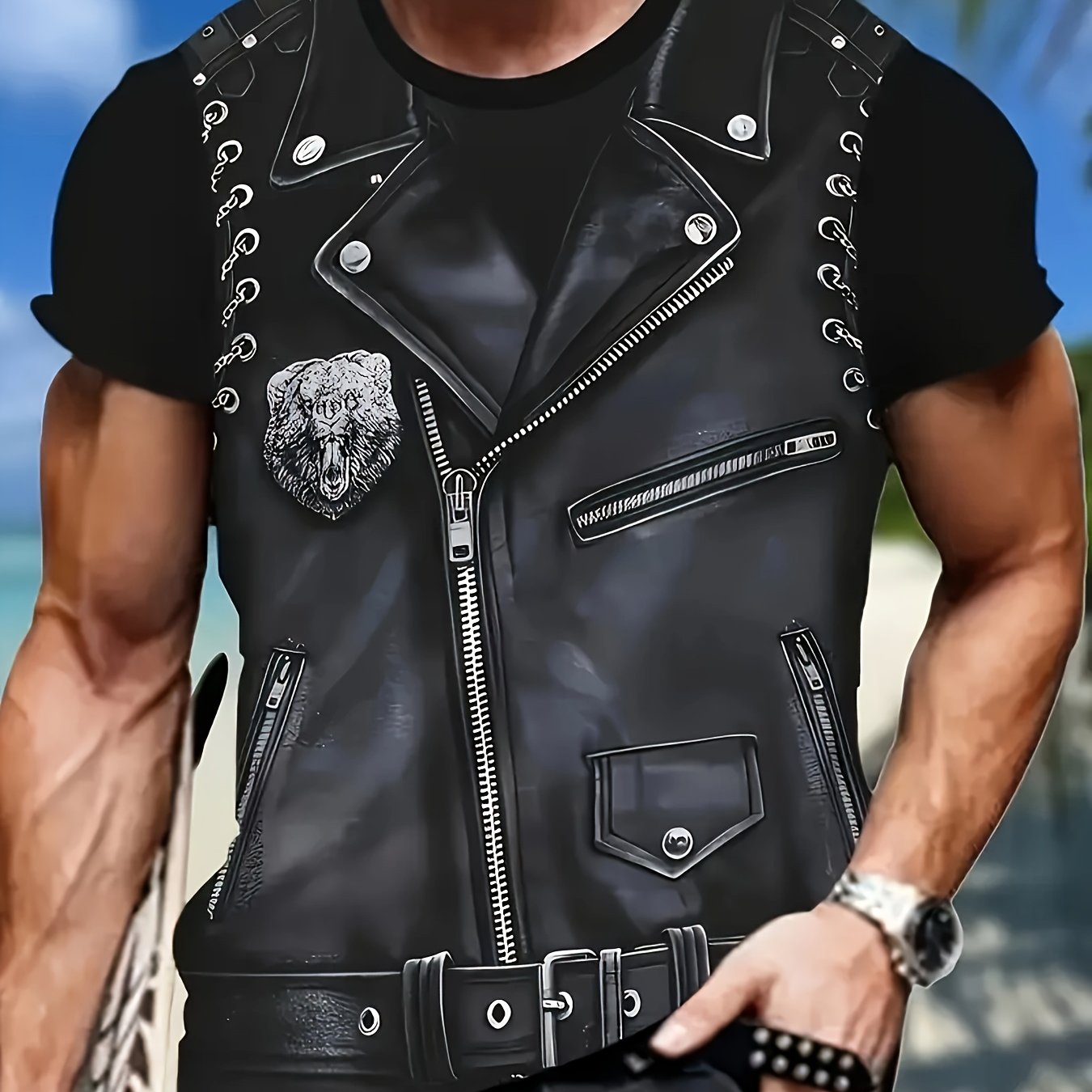TEMU Men's Casual Print T-shirt - Round Neck, Short Sleeve, Polyester Blend, Machine Washable - Summer And Casual Wear, Bear Print T-shirt, Plus Size