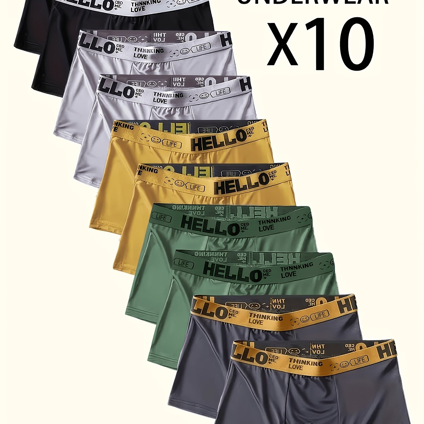 Men's 10pcs "hello" Print Boxer Briefs With "hello" Lettering On The Waistband, High-stretch Knit Fabric, 95% Polyester 5% Spandex, Solid Color Casual Underwear Shorts