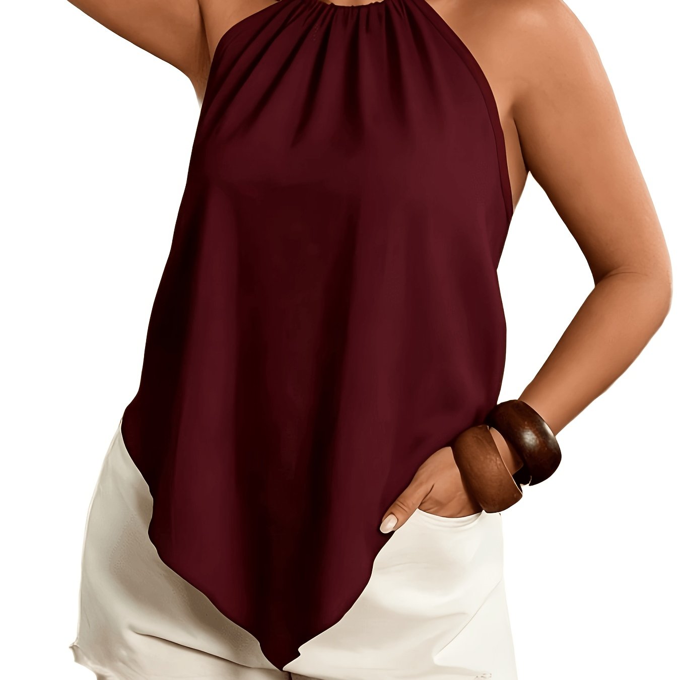 TEMU Women's Fashion Asymmetrical Hem Tie-neck Sleeveless Blouse, Suitable For Spring And Summer Wear