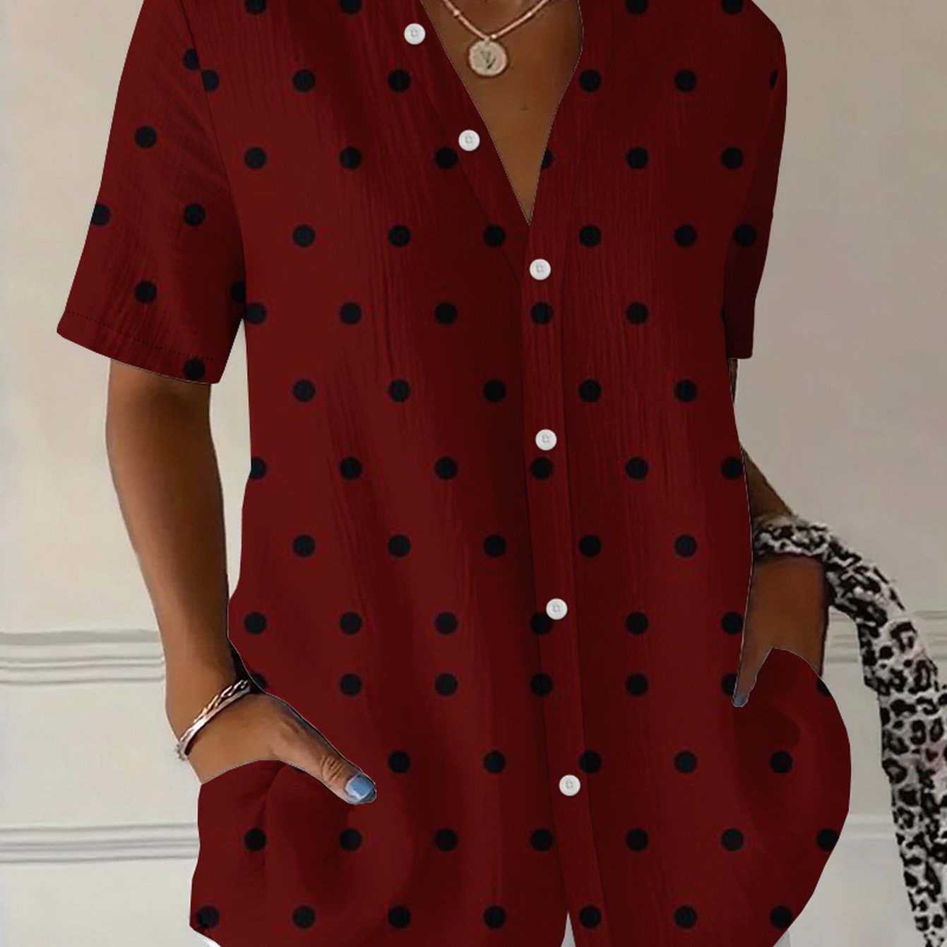 TEMU Summer Plus Size Women's Black Polka Dot Print Short Sleeve Shirt, Casual Date Beach Vacation Shopping Loose Casual Button-up Cardigan