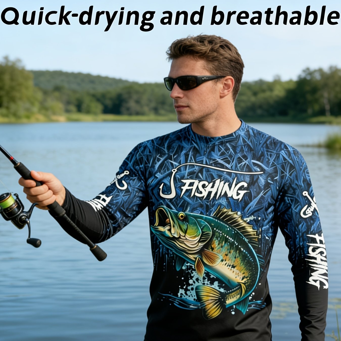 TEMU T-shirt de pêche d'extérieur à séchage rapide, manches longues, bleu et noir dégradé, imprimé intégral, respirant, décontracté, haut de sport