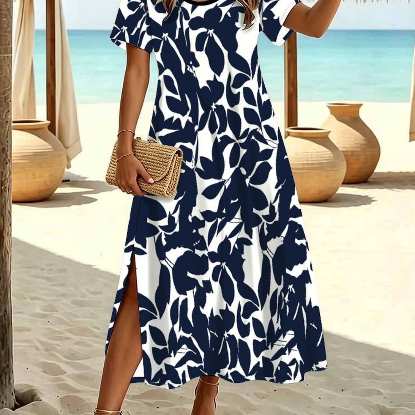 Plus Size Women's Summer Fashion Dress, Casual With Tiny Botanical Floral Print, Crew Neck Short Sleeve Split Hem Elegant Dress