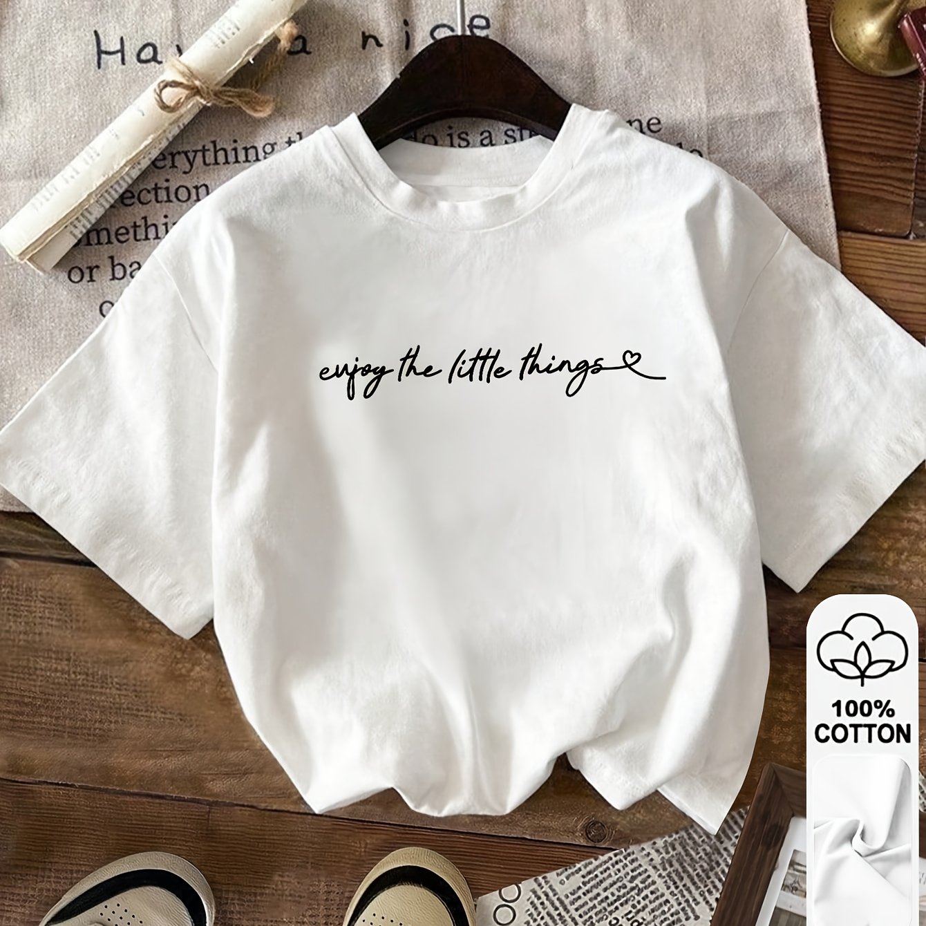 Image of Women's Oversized Short Sleeve T-shirt With Letter Print & Collar Trim - Loose Neck Blouse-compatible Top For Spring Summer Casual Wear, Machine Washable Suitable