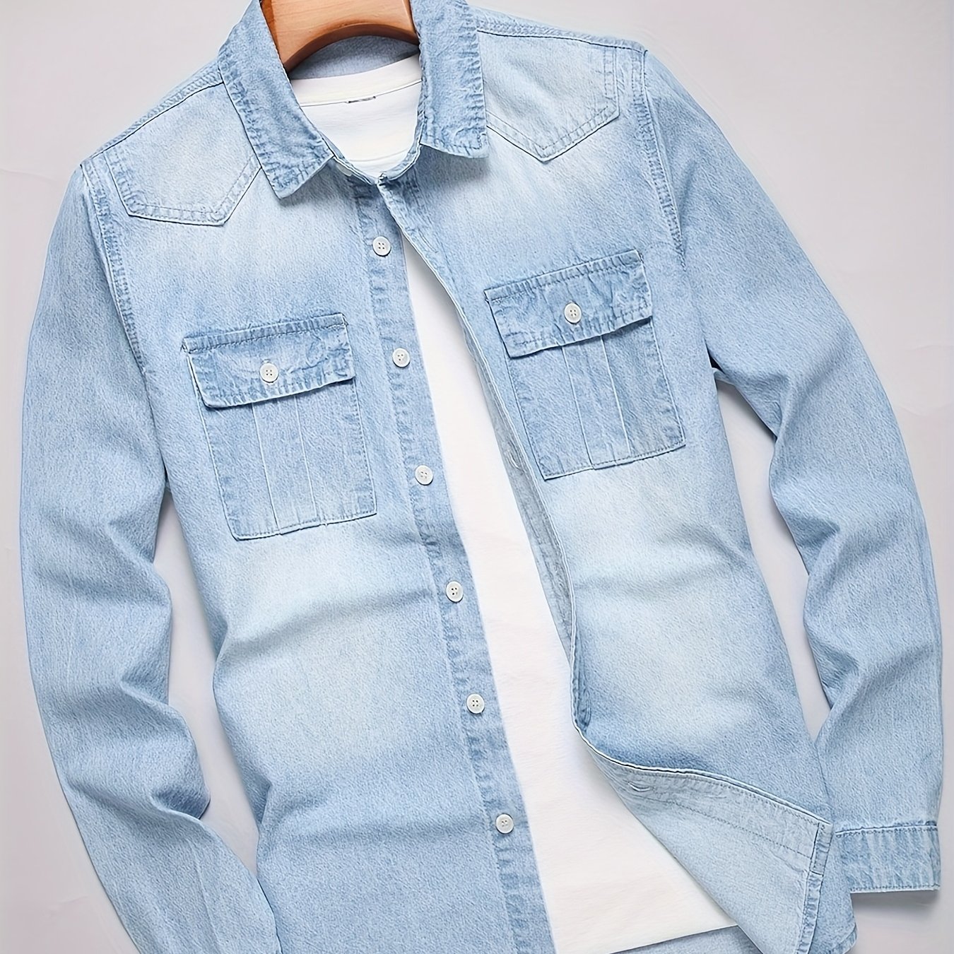 Men's Fashion Versatile Spring Autumn Denim Shirt Jacket (washed Denim Light Blue Yeast And Multi- Bit )