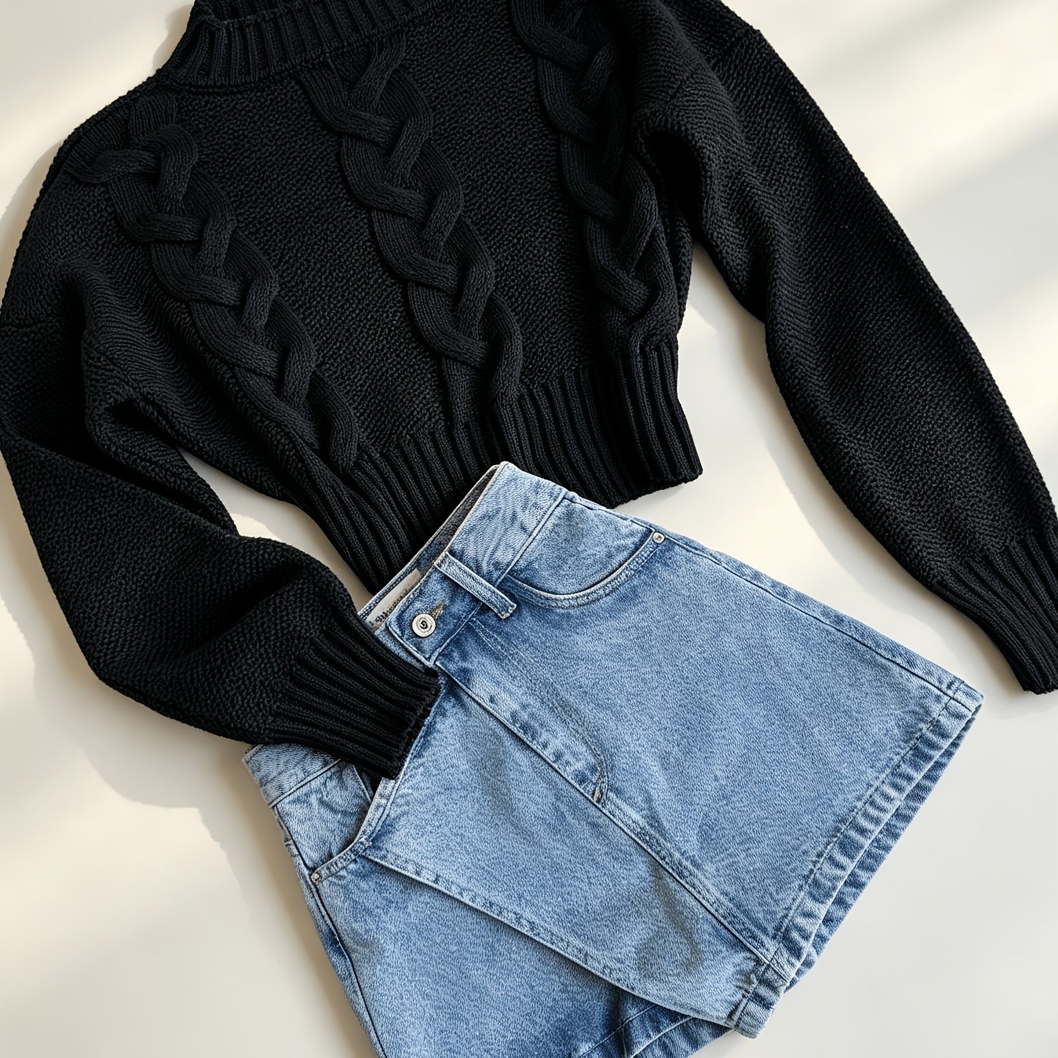 TEMU QD26072130, Style , Pull court pour femme à col semi- et torsades câblées noires, Haut court d'automne/hiver et à texture de torsades câblées
