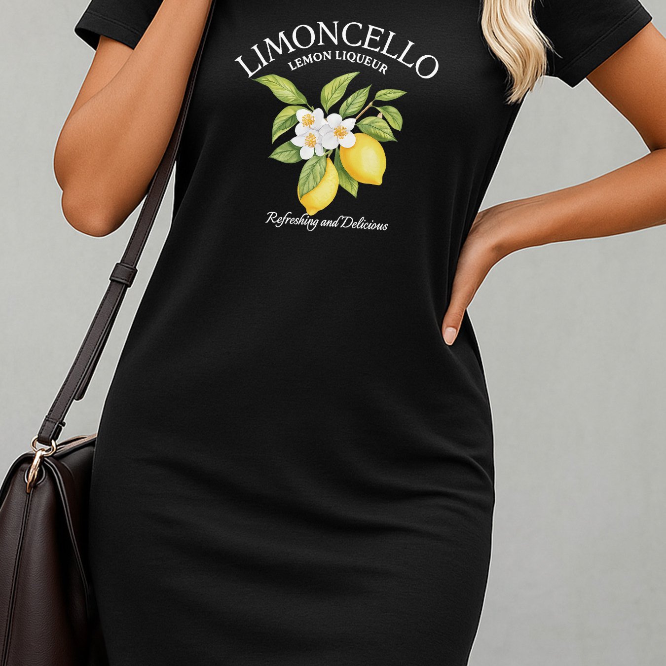 TEMU Plus Size Women's Lemon Print Short Sleeve T-shirt Dress - Lemoncello-inspired Citrus Dress With Lemon & Leaf Pattern, Relaxed Fit A-line Summer