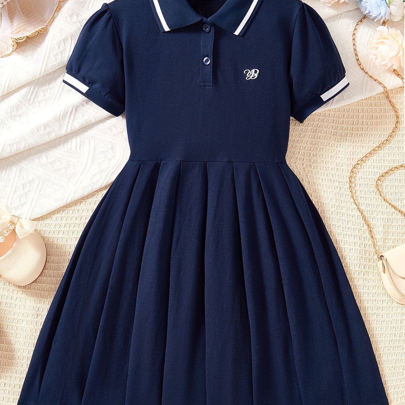 Image of Back-to- Girls' Dress, Casual Simple Elegant Preppy Style With Letter Embroidery, Middle/older Apparel, Short-sleeve White Dress For Girls, New Summer Sporty School Uniform Pleated A-line Skirt