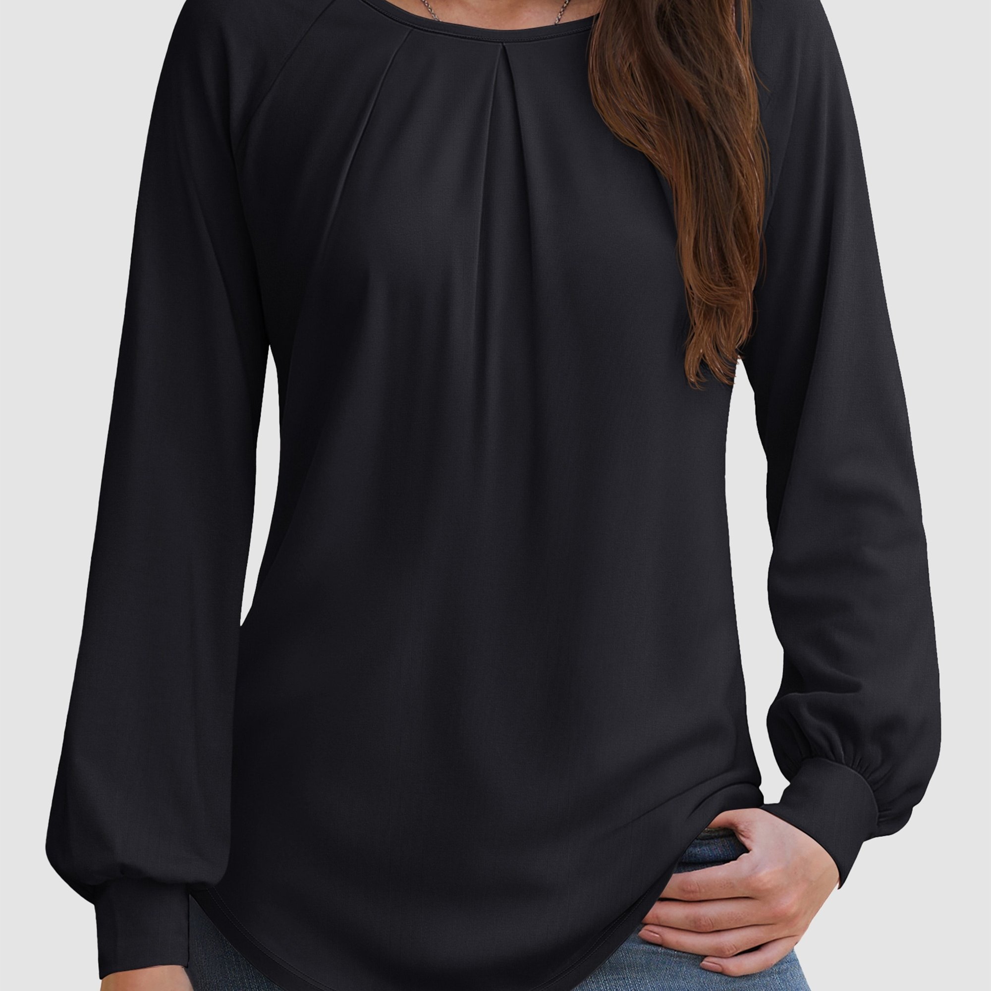 Image of Women's Lantern Long Sleeve Shirt Crewneck Flowy Pleated Design Tunic Tops Crew Hem Blouses Tee Shirts For Dressy Casual Date