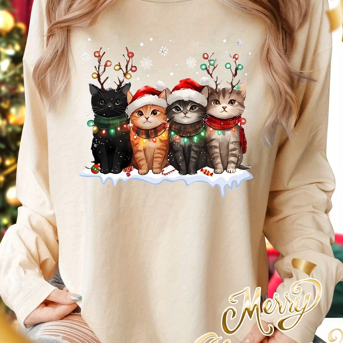 TEMU Plus Size 1xl-5xl Christmas Cat Print T-shirt - Featuring And With Cute Calico Tabby And Tuxedo Cats, Soft Round Neck Long Sleeve Casual Holiday