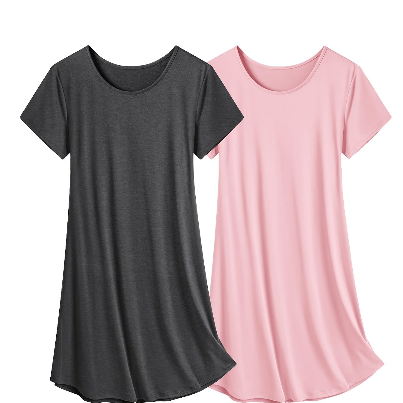 Image of Two-pack Spring/summer Women's Soft And Comfortable Solid Color Casual Sleep Dress With Simple Round Neck Loose Fit Nightgown