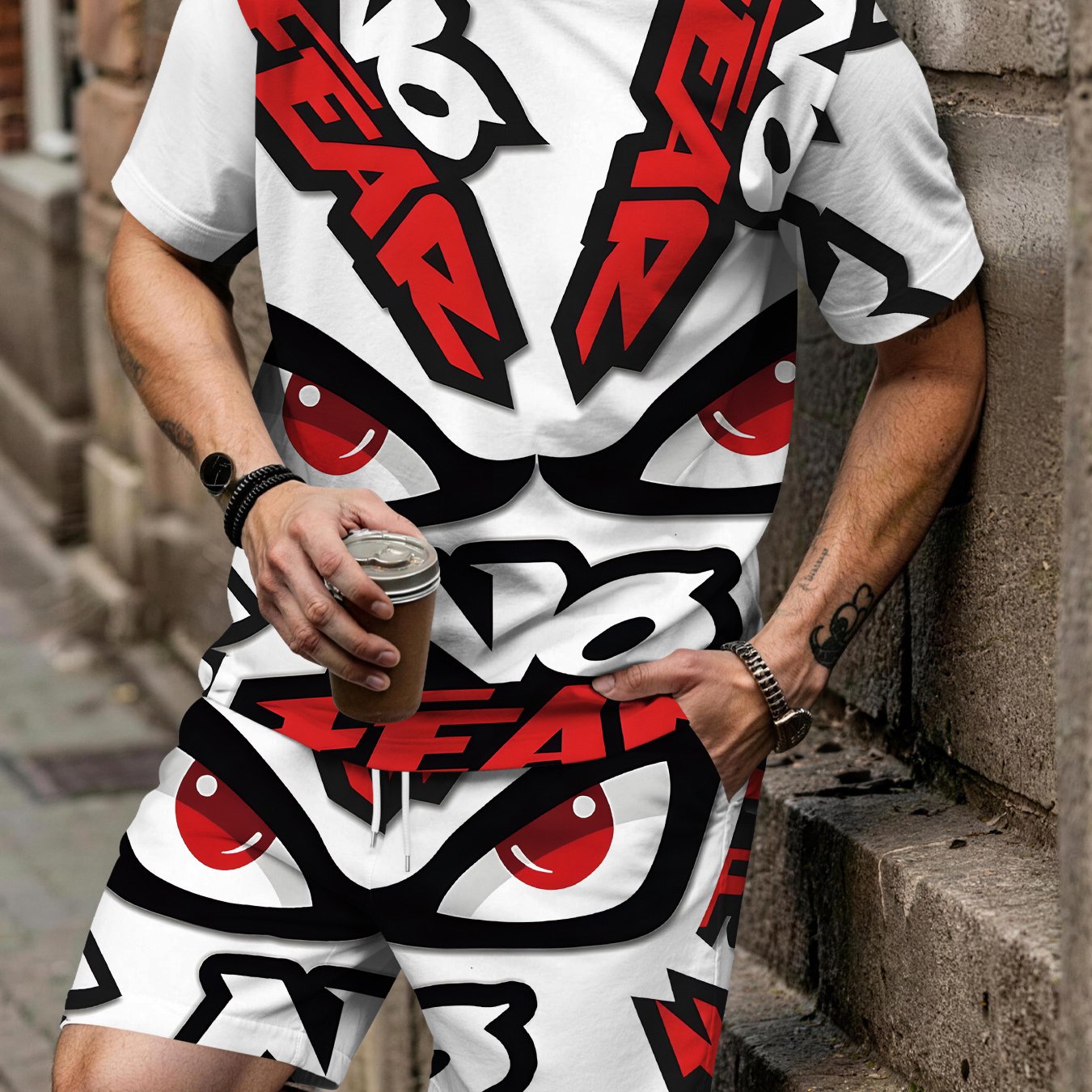 TEMU American Hip-hop Style Athletic Suit Men's Loose Breathable Round Neck Short Sleeve Drawstring Shorts 2pcs Set, Plus Size