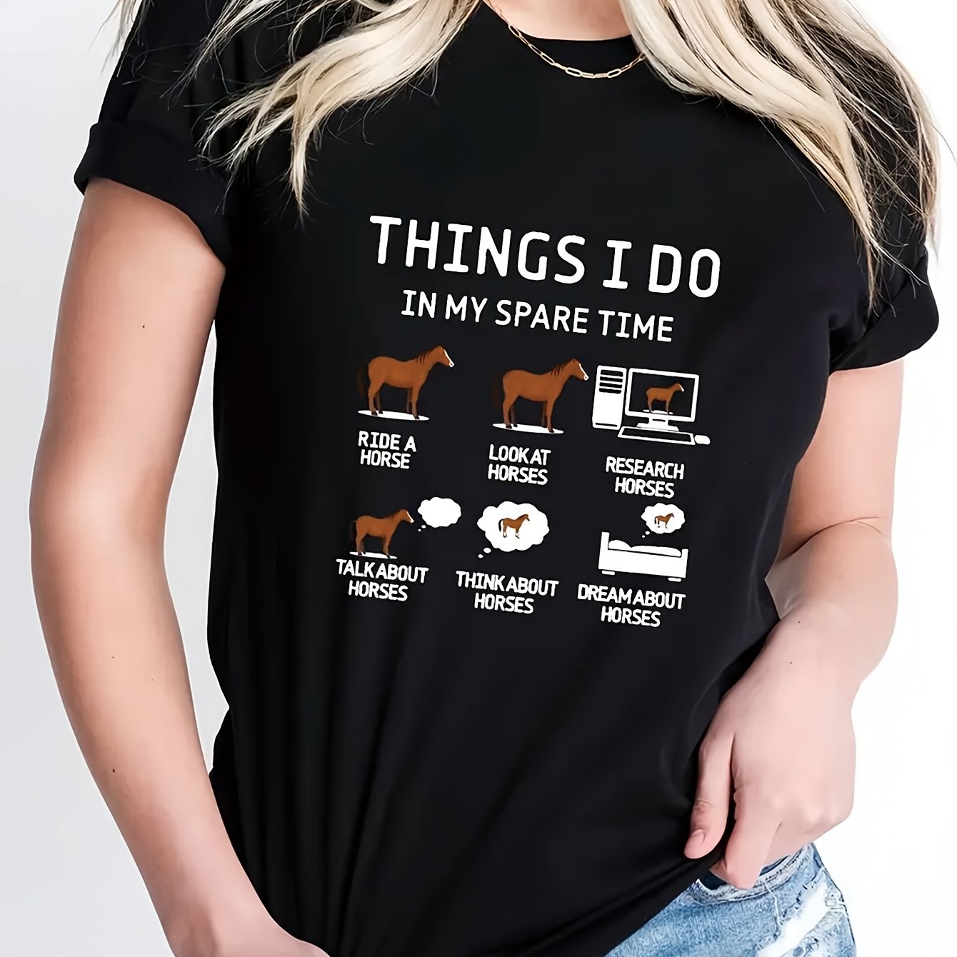 TEMU Women's Casual Short-sleeve T-shirt With Letter Print, Round Neck, Summer Sports Top, Loose Fit Pattern.