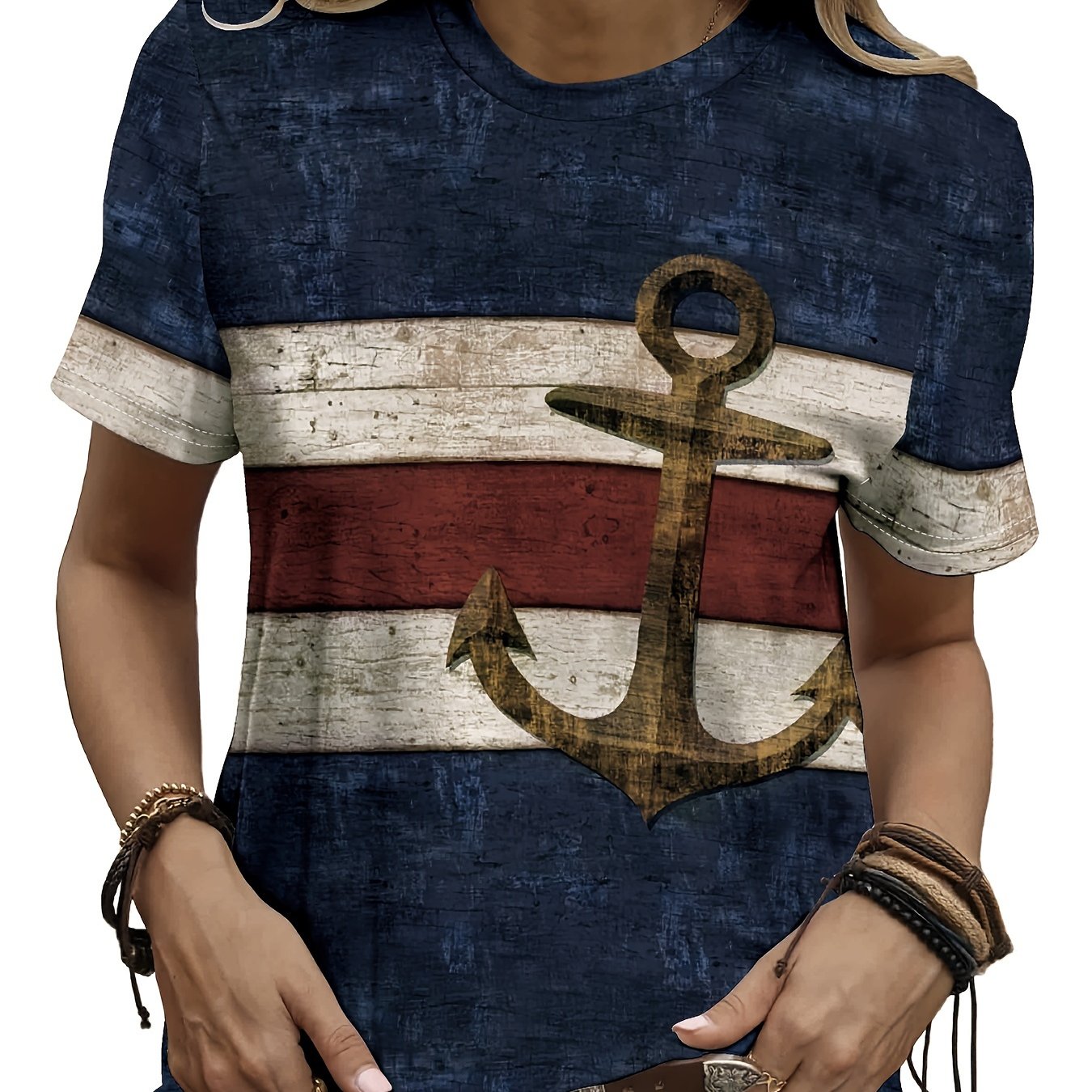 Image of Directional Funds Abstract Painting Vintage Striped Anchor Print Round Neck T-shirt, Stylish Casual Medium Stretch Shirt, New Women's Short-sleeve Top