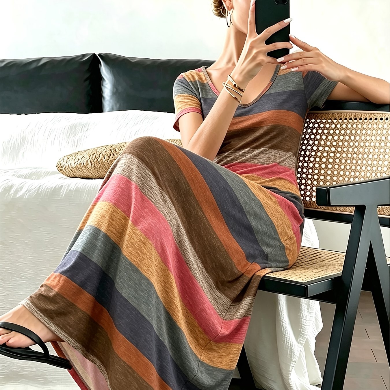 TEMU Women's Striped Nightgown, Dress New Elegant Women's Nightgown, New Dress Long Skirt Home Daily Worn Outside Skirt