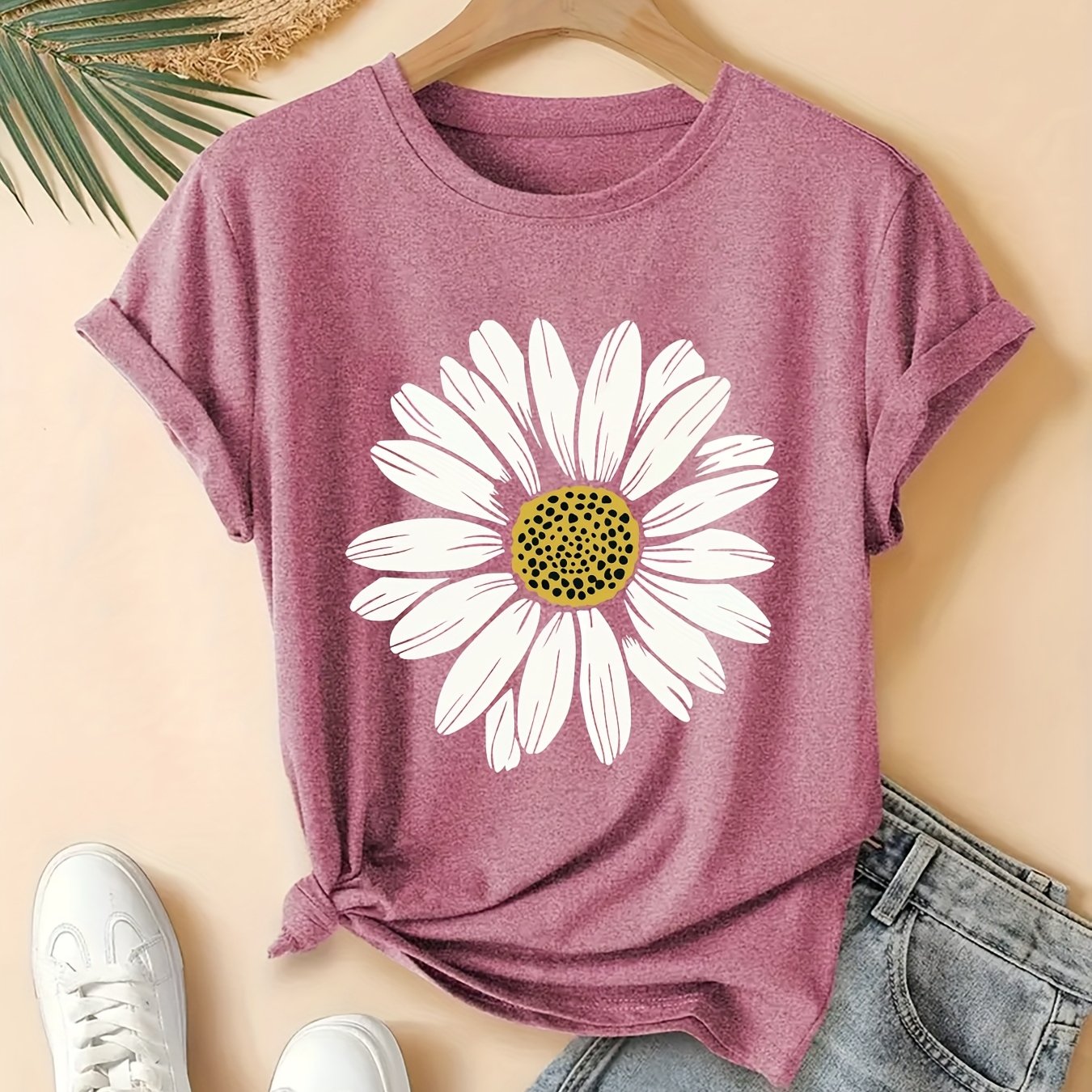 TEMU Plus Size Women's Floral Short Sleeve T-shirt | Elegant With Crew Neck, Medium Stretch Fabric, Drawing Pattern, White Daisy, Versatile For Daily
