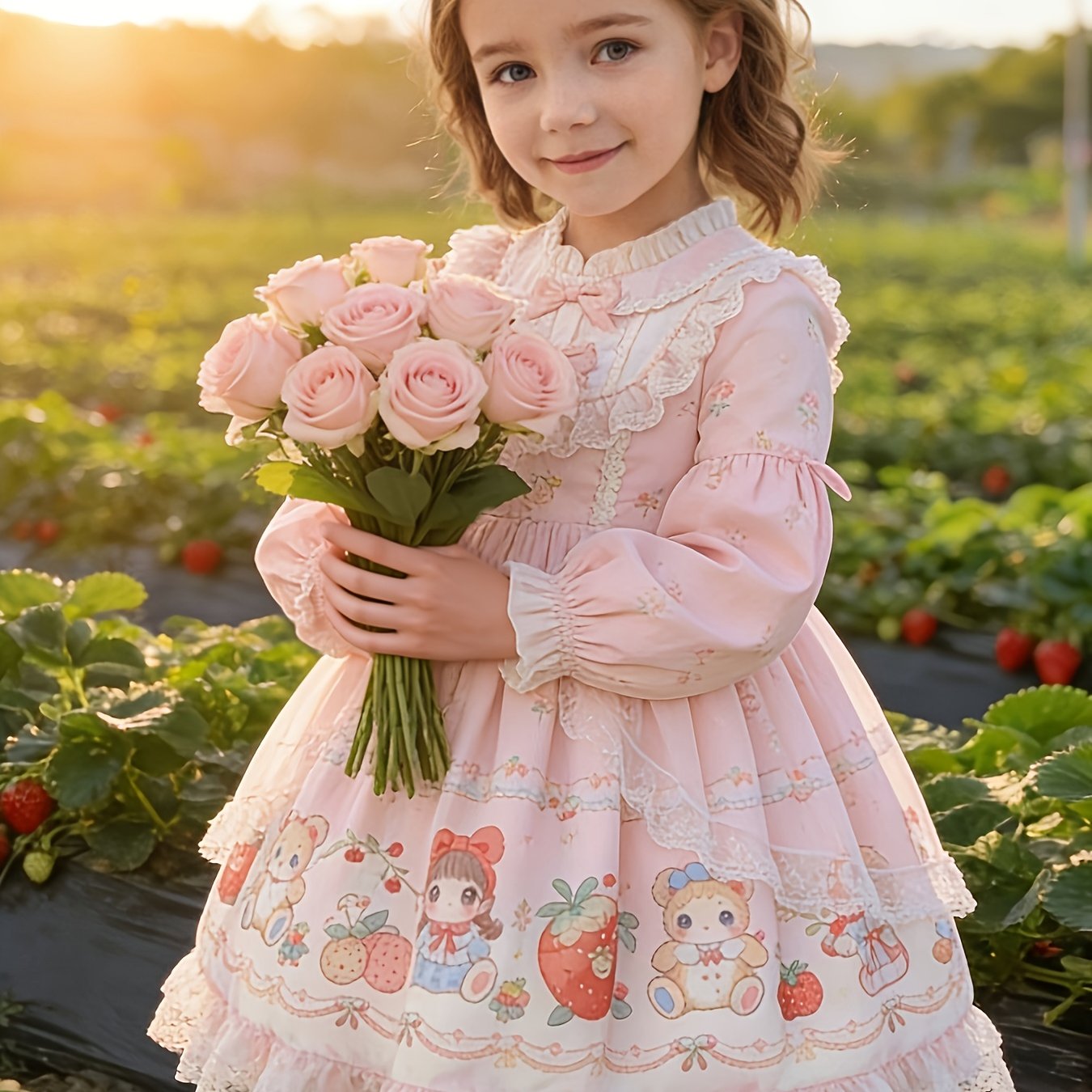 Image of Girls' Strawberry Princess Dress With Puffy Lace Skirt & Bell Sleeves - Pink -line Dress Suitable For Birthday Outfits, Performances, Casual Attire, Round Neck Blouse Dress For To Kids