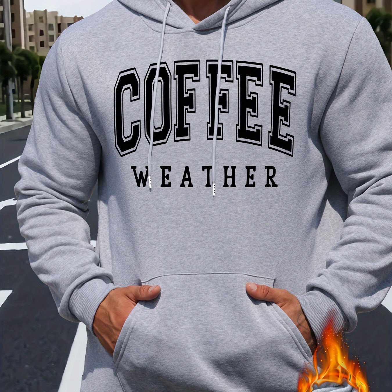 TEMU Coffee Weather Print Men's Pullover Round Neck Hoodies With Kangaroo Pocket Long Sleeve Hooded Sweatshirt Loose Casual Top For Autumn Winter Men's Clothing As Gifts