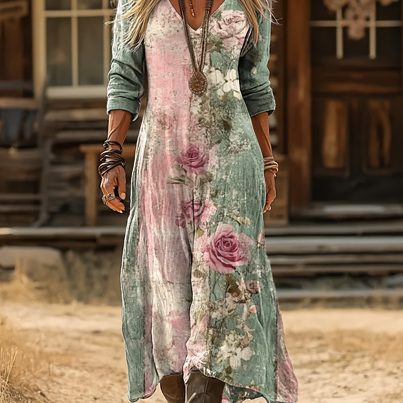 E-shop Damen Vintage Ethno Stil Blumenmuster Kunst Druck V-Ausschnitt Langarm Kleid, Böhmischer Stretch Freizeit Damenkleid, Weich und Hautfreundlich,