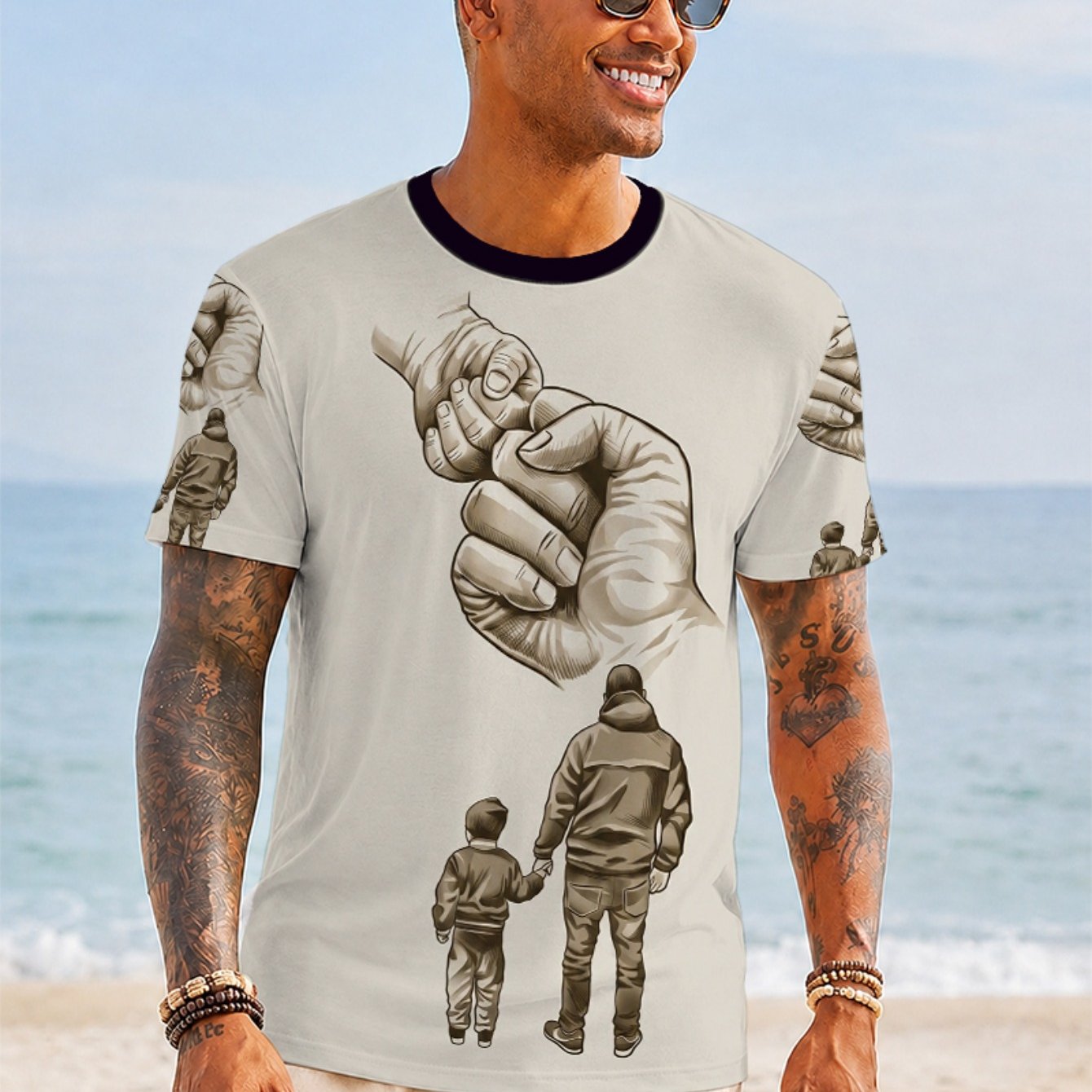 TEMU Summer Printed Design Men's Father-son Silhouette T-shirt - Modern Minimalist Round Neck Tee With &, Machine Washable Comfortable Suitable For