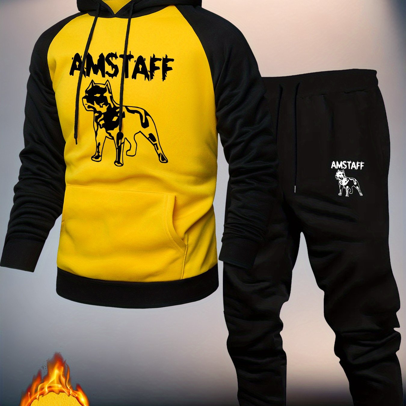 TEMU Men's Casual Sports Raglan Sleeve Hoodie Featuring A Dog Pattern, A Two-piece Color- Sweatshirt Set, A Trendy And Versatile Hoodie Outfit