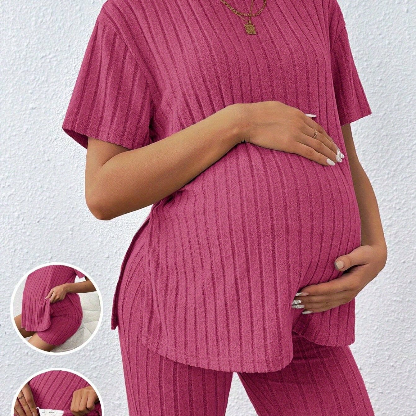 TEMU Maternity Set Summer Shorts Short Sleeve Top 2pcs Outfit Casual Pregnant Women Clothes Summer 2pcss Set Loungewear Sportswear Workwear