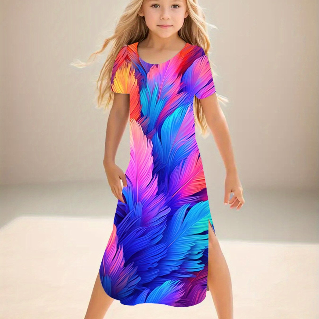 Image of Fashion Girls' Casual Long Short-sleeve A-line Cheongsam Style Dress, Casual Vacation Tie-dye Individual Colorful Feather 3d Small Flowers Little Girl Dress