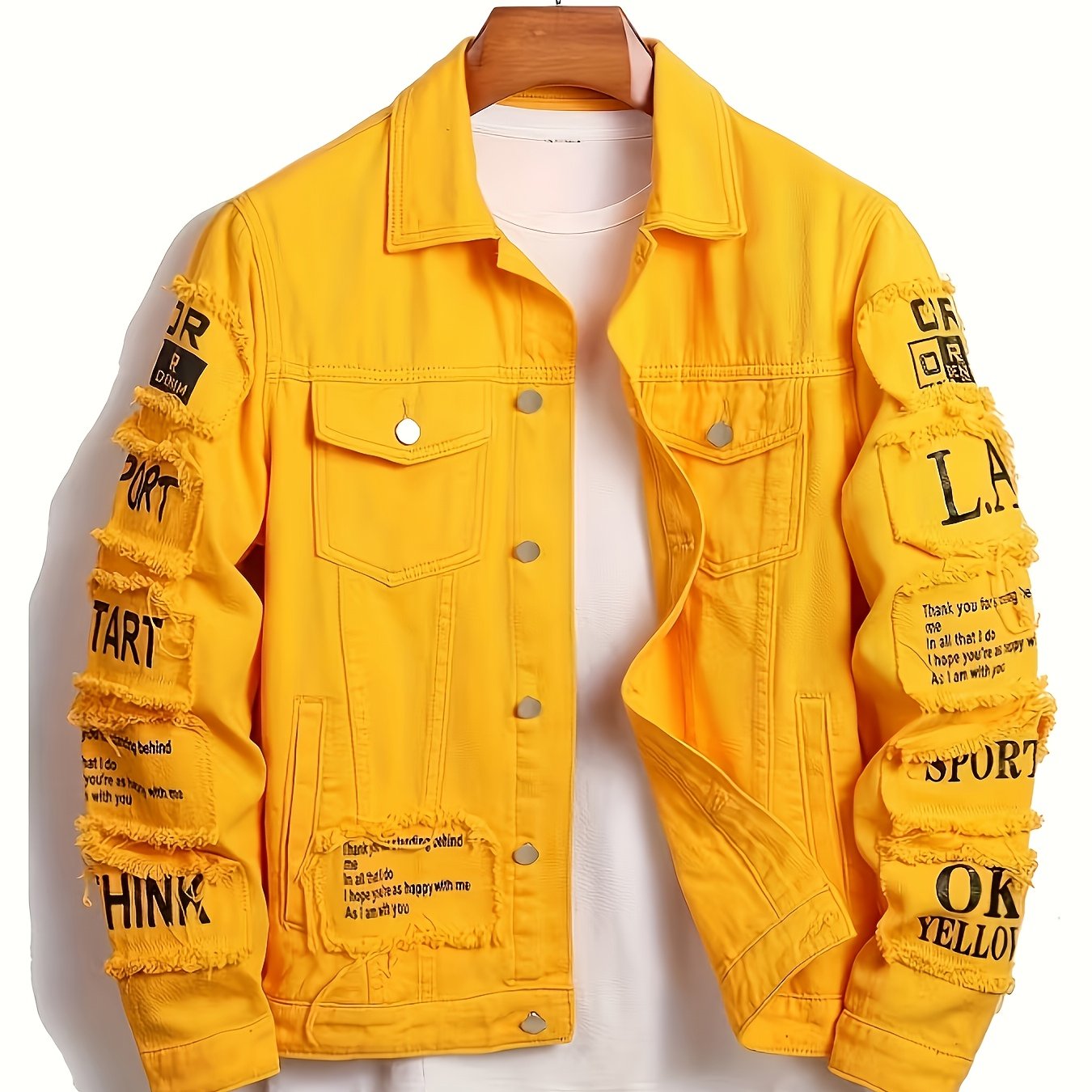 TEMU [allsro] Men's Worn-out Lettered Denim Jacket, Street Style Distressed Fringe Outerwear, Loose Fit Workwear Top For Autumn And Winter, Classic