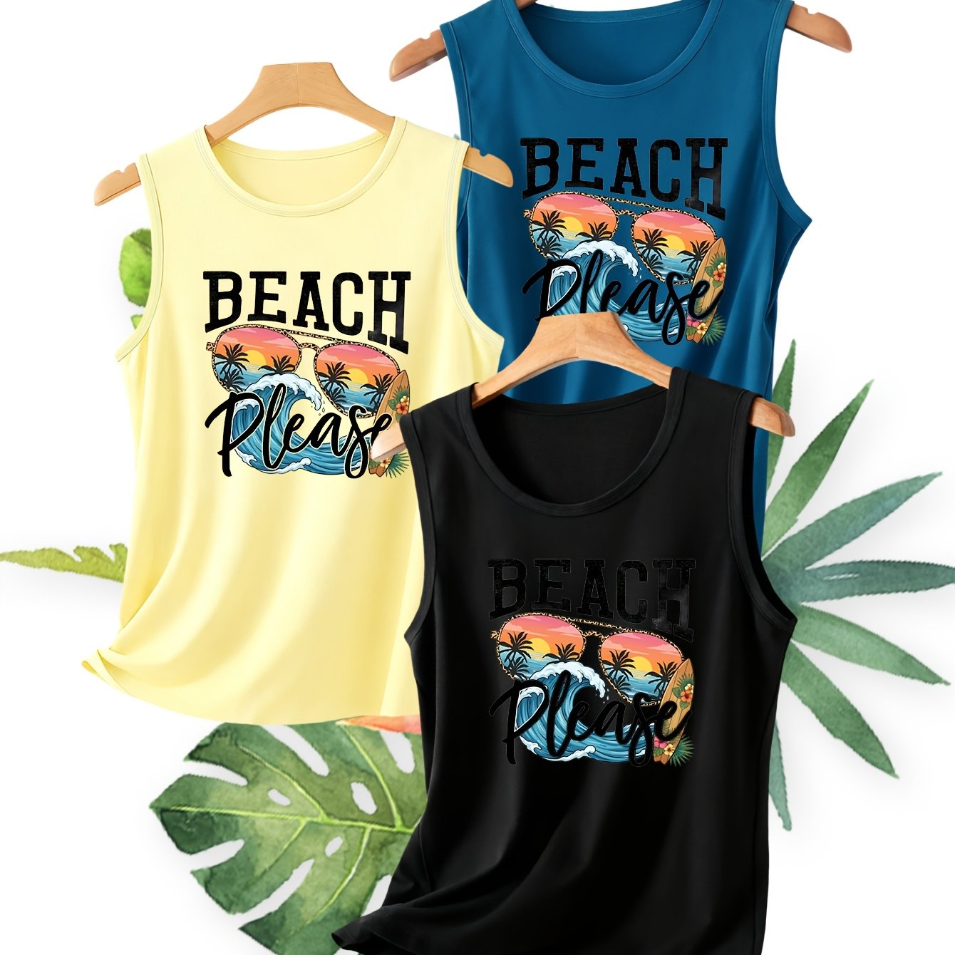 TEMU Three-piece Set, Multiple Colors Optional, Women's Vest, Wave Palm Glasses Pattern Print Round Neck Vest, Spring And , Women's Top