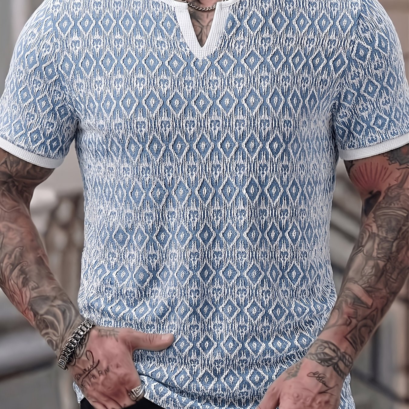TEMU Men's Fashion Top, Spring Summer Outdoor Casual For Life, Date, Daily Wear, Jacquard Textured Fabric, Color-block Cutout V-neck Short Sleeve
