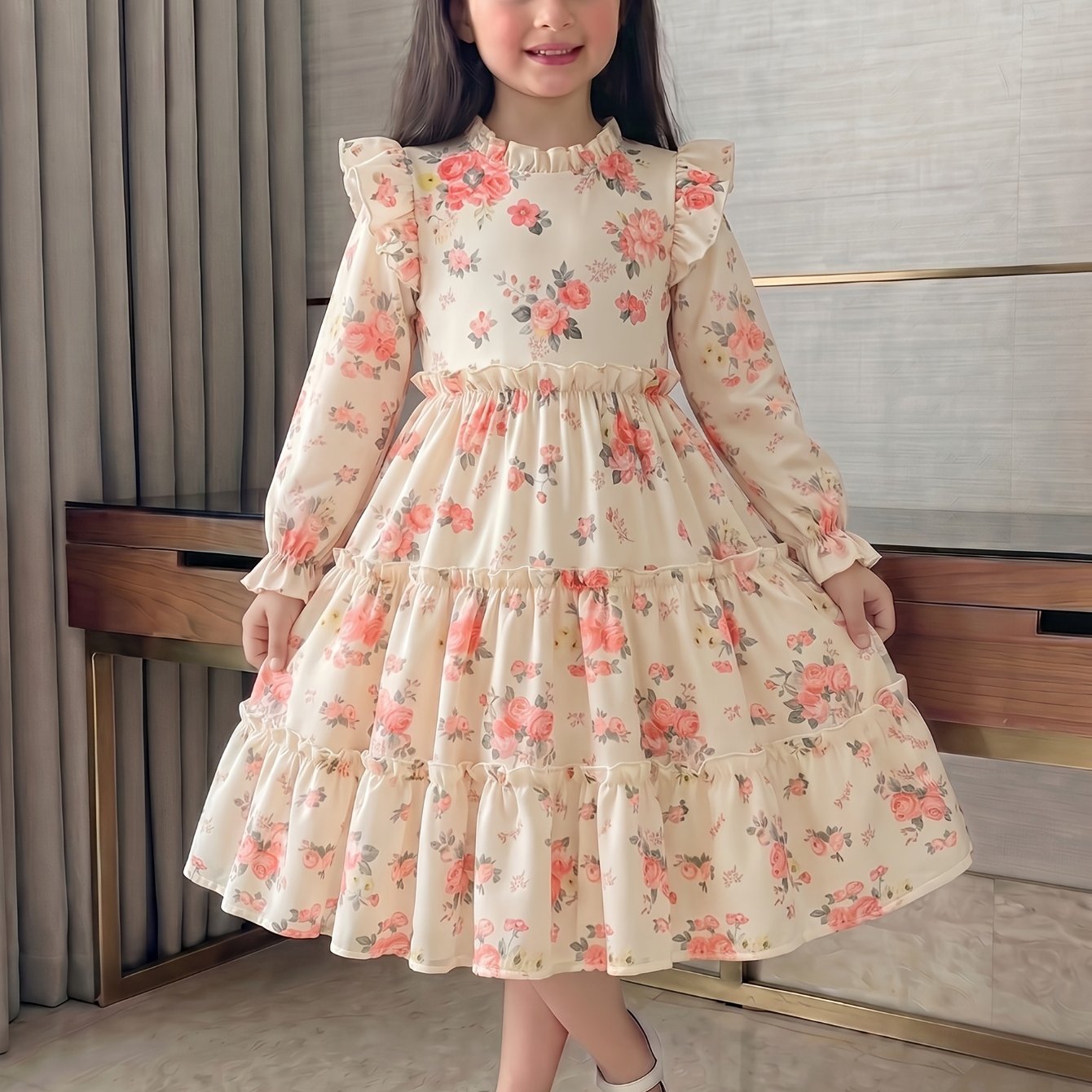 TEMU Girls' Spring Autumn Sweet Floral Long Sleeve Princess Dress Girls' Casual Outdoor Leisure Dress