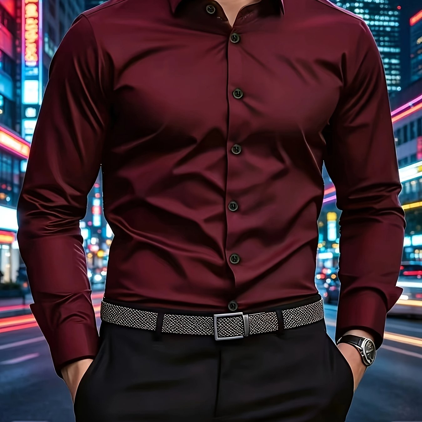 TEMU Burgundy Men's Long-sleeved Shirt, Slim Fit, Business Casual, Essentials