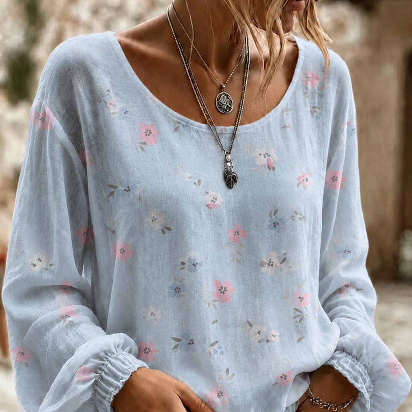 Plus Size Women's Long Sleeve Shirt Light Blue Floral Print Boho Top Casual Loose Blouse Summer Style Ideal Birthday Gift Comfortable Daily And Vacation Loungewear