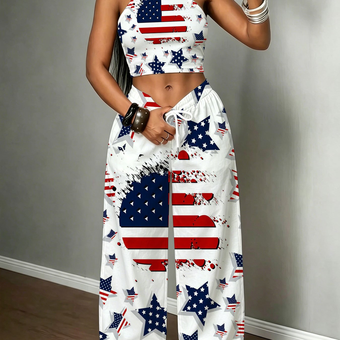 TEMU Casual Sports Women Crop 2 Piece Set, American Flag Print Sleeveless Short Top And Drawstring Wide Leg Pants Set, Streetwear Vintage Fashion