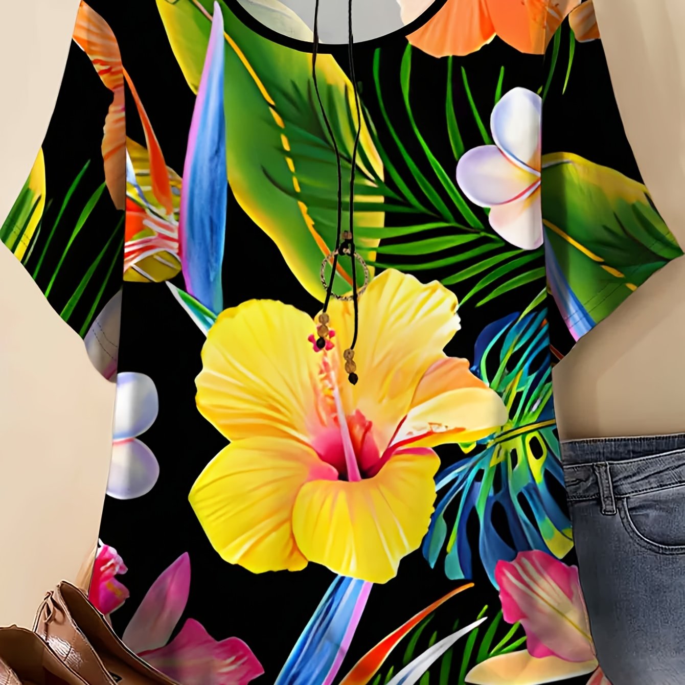 TEMU Women's Plus Size Short Sleeve T-shirt - Loose Fit Full-body Flower Print Round Neck Blouse - Casual Summer Beachwear Hawaiian Outfit - Machine