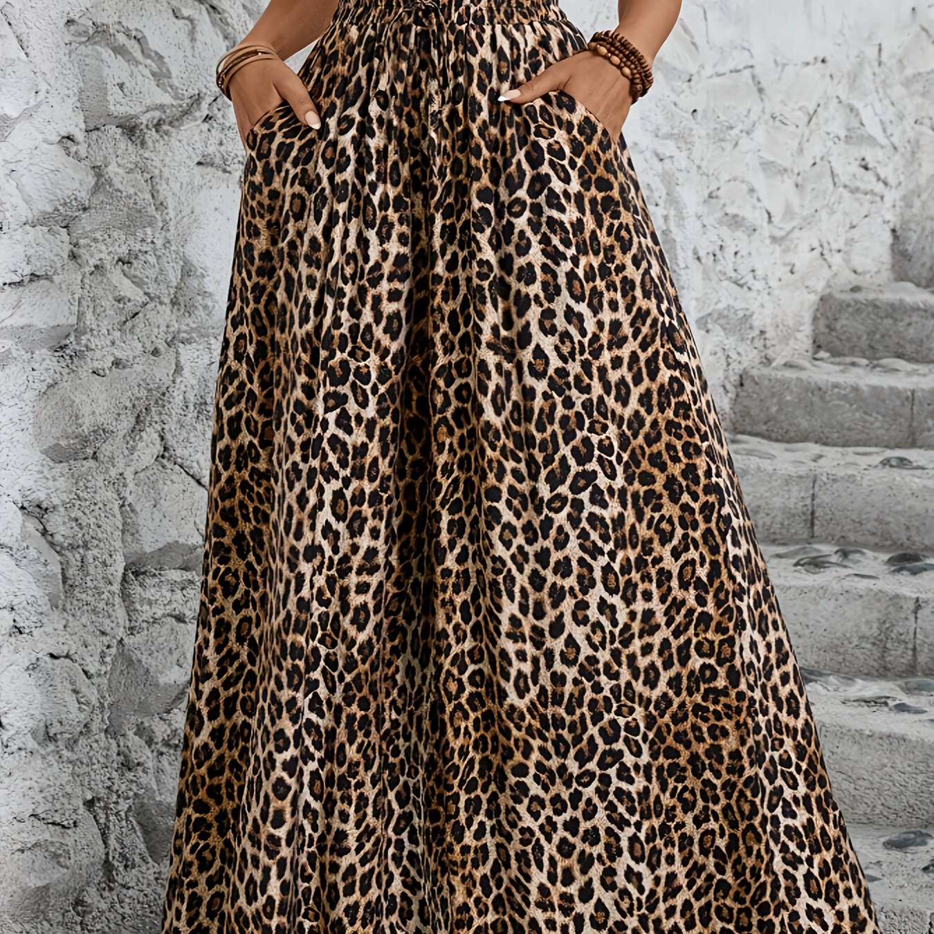 TEMU Women's Retro Leopard Print Wide-leg Pants - High-waisted Elastic Waistband, 100% Polyester Machine-washable Trousers For Casual & Formal Wear,