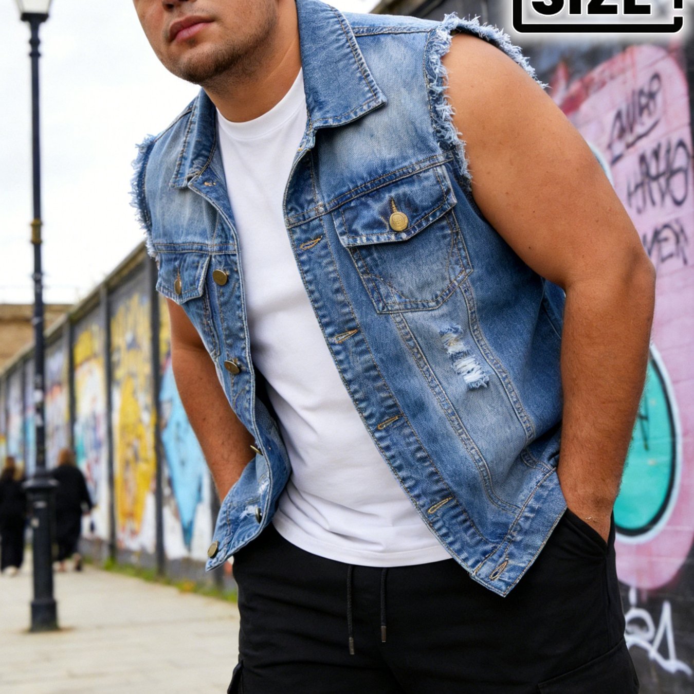 TEMU Gilet in denim senza maniche da Amecki'S, con un tono blu sbiadito, motivo foro vintage distressed, design con , per ciclismo e uso su moto,