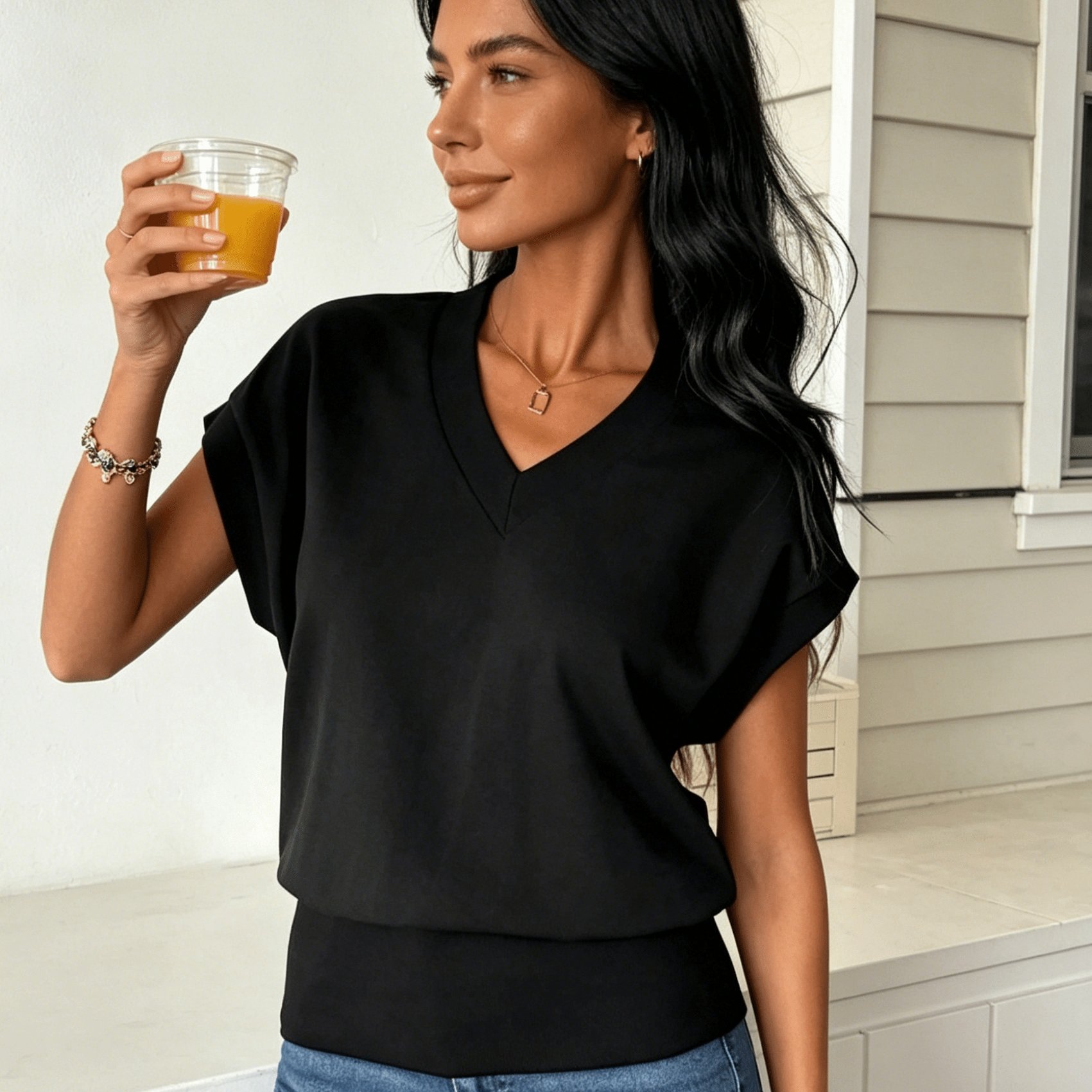 TEMU Women's Elegant V-neck Open Front Short Sleeve Top, Solid Color With Waist Cinching Detail Fitted Robe Style Blouse, Loose Fit Batwing Sleeve